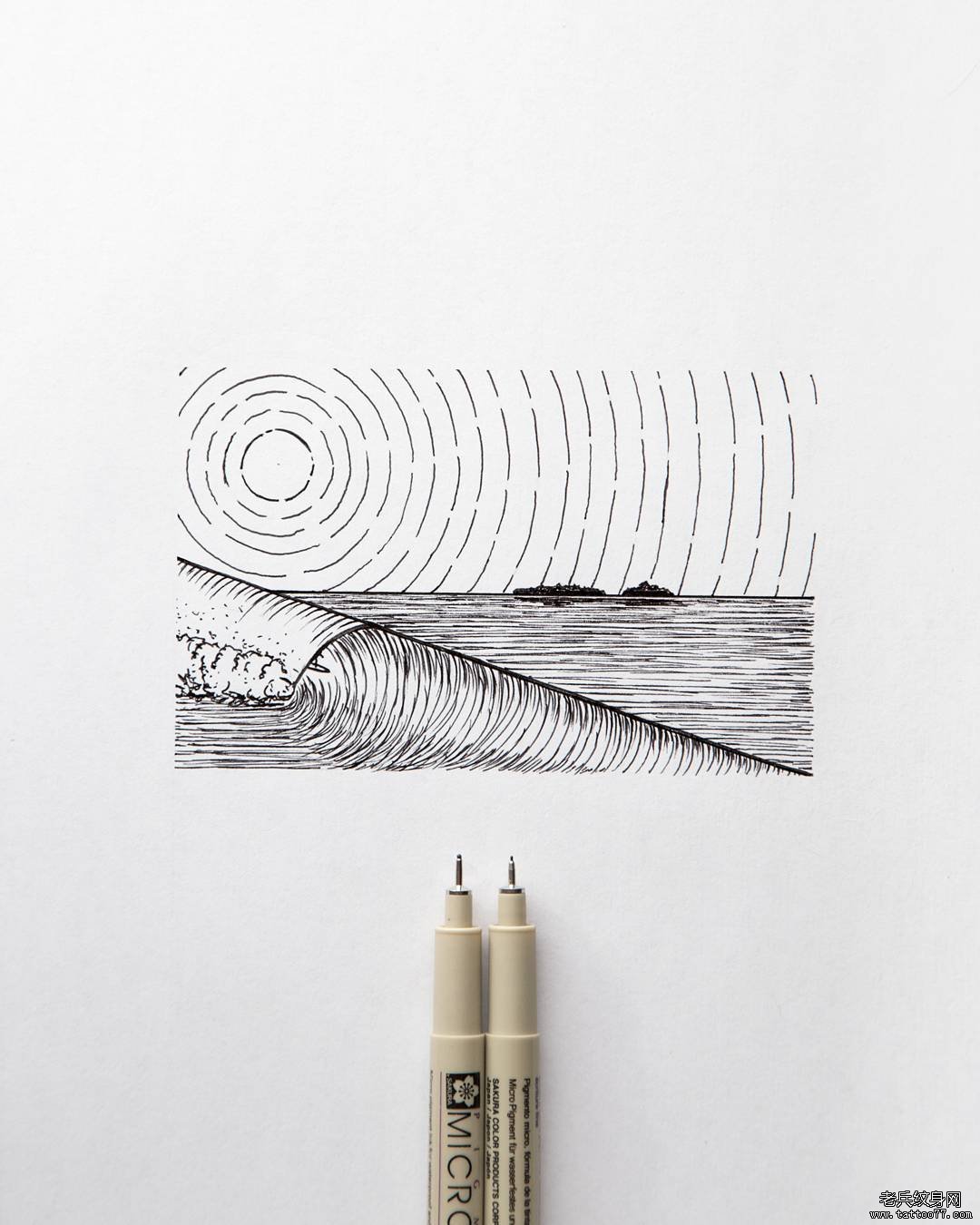 线条组合大海纹身图案手稿