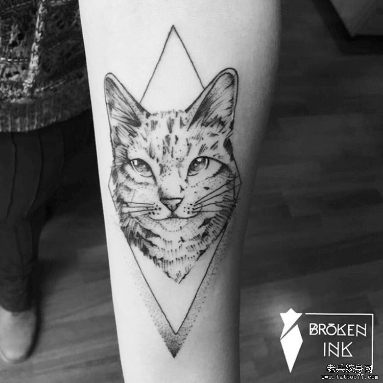 小臂可爱的猫几何点刺纹身图案