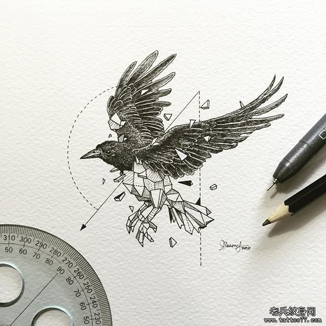 乌鸦几何线条组合纹身图案手稿
