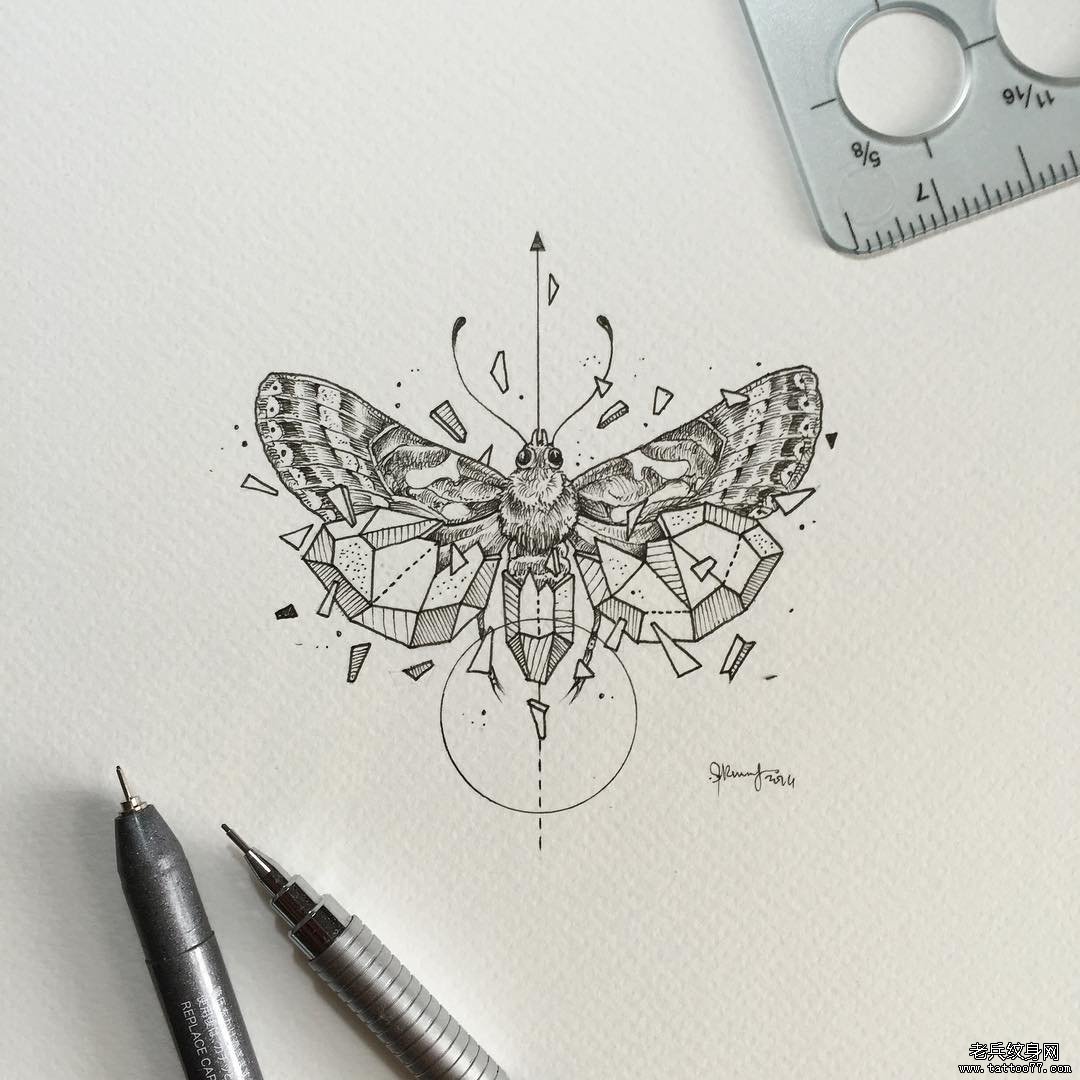 飞蛾几何线条纹身图案手稿