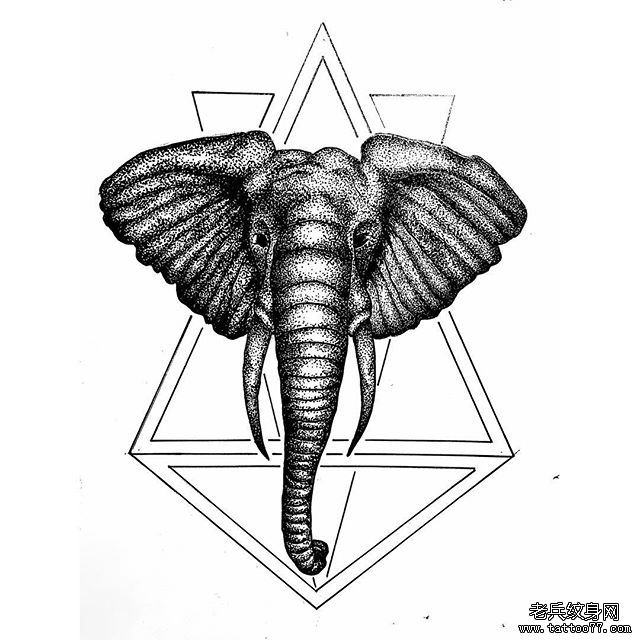 大象几何线条纹身图案手稿