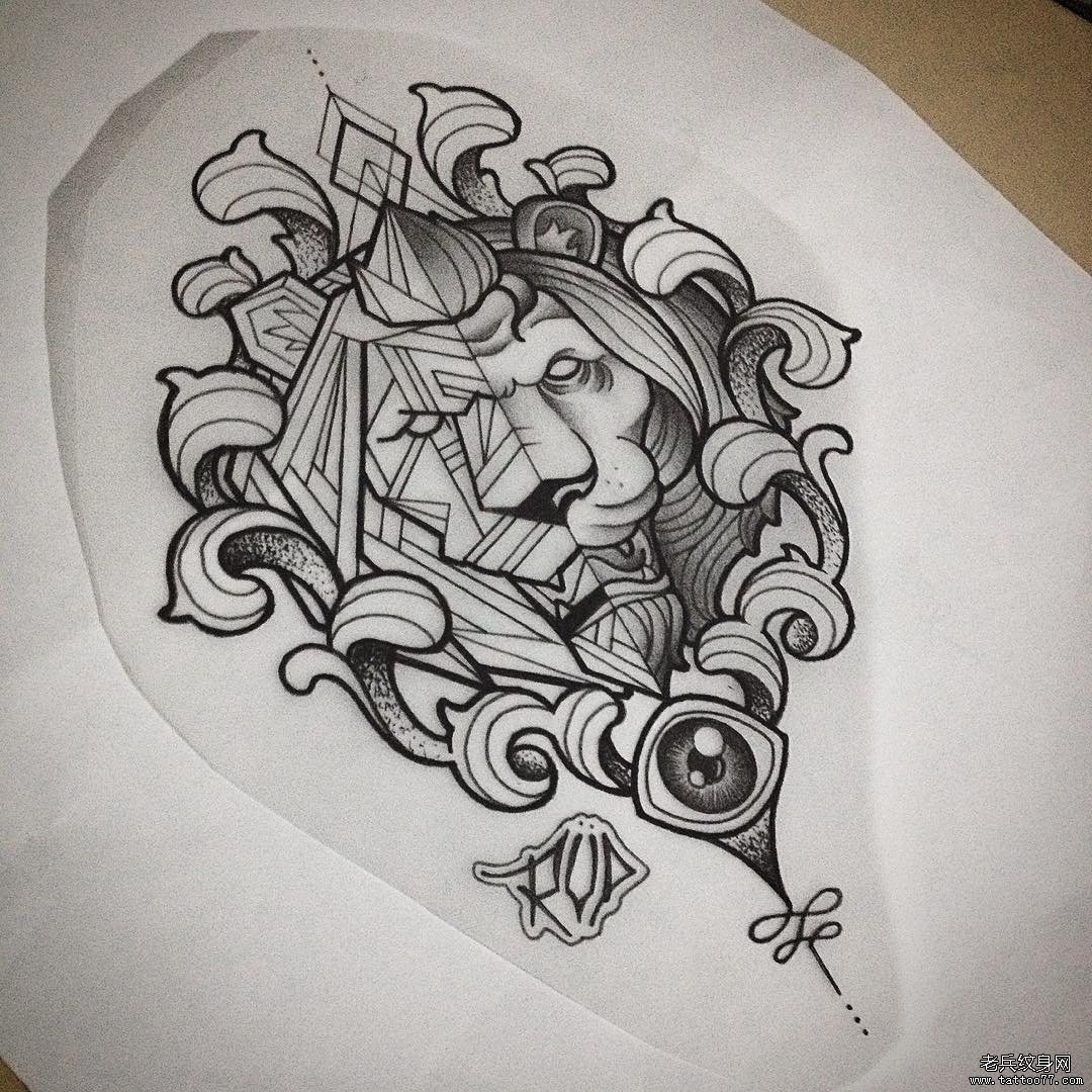 school线条狮子眼睛几何纹身图案手稿