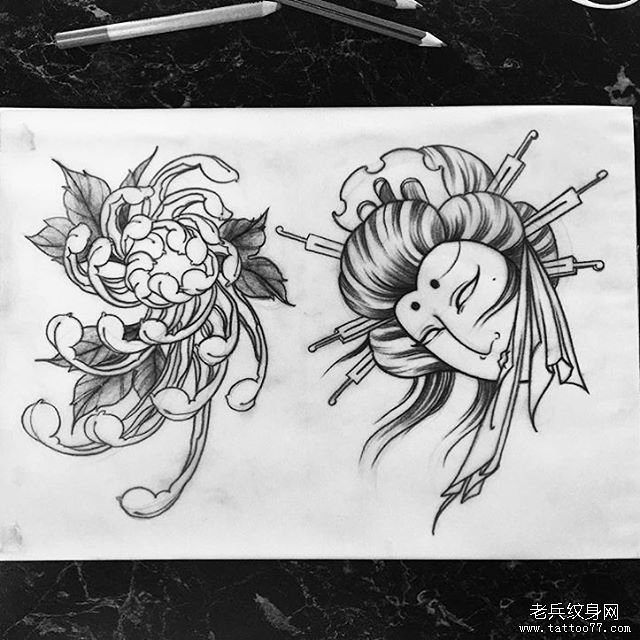 日式艺妓生首和菊花纹身图案手稿