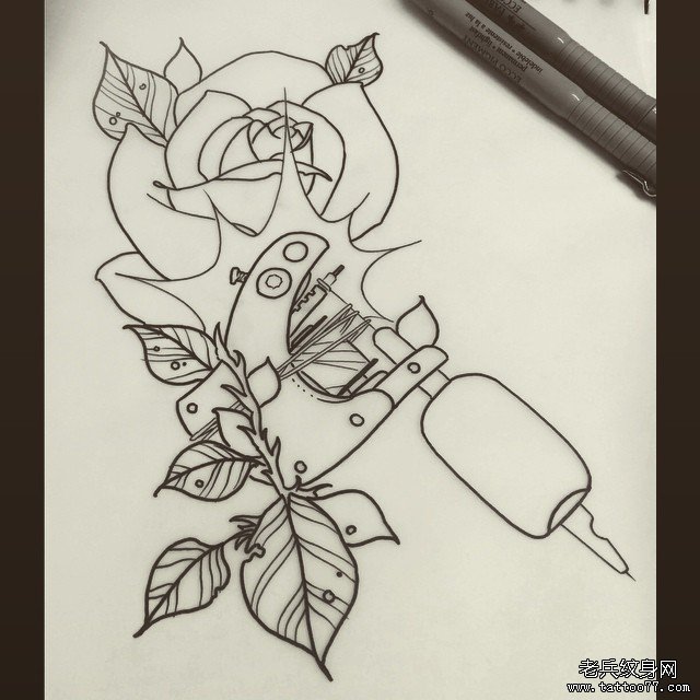 纹身机玫瑰线条纹身图案手稿
