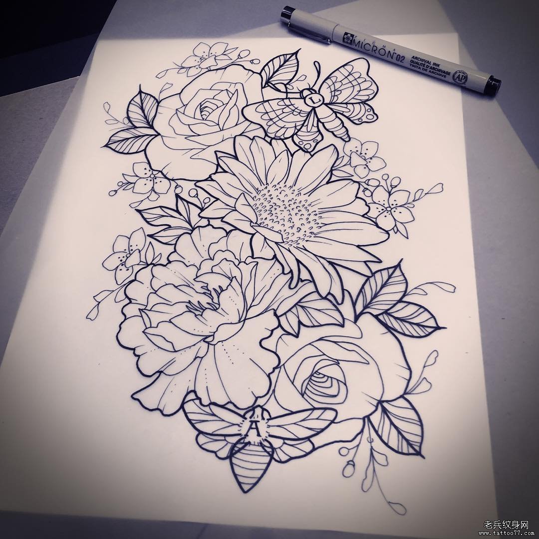 欧美玫瑰樱花蜻蜓蜜蜂纹身图案手稿