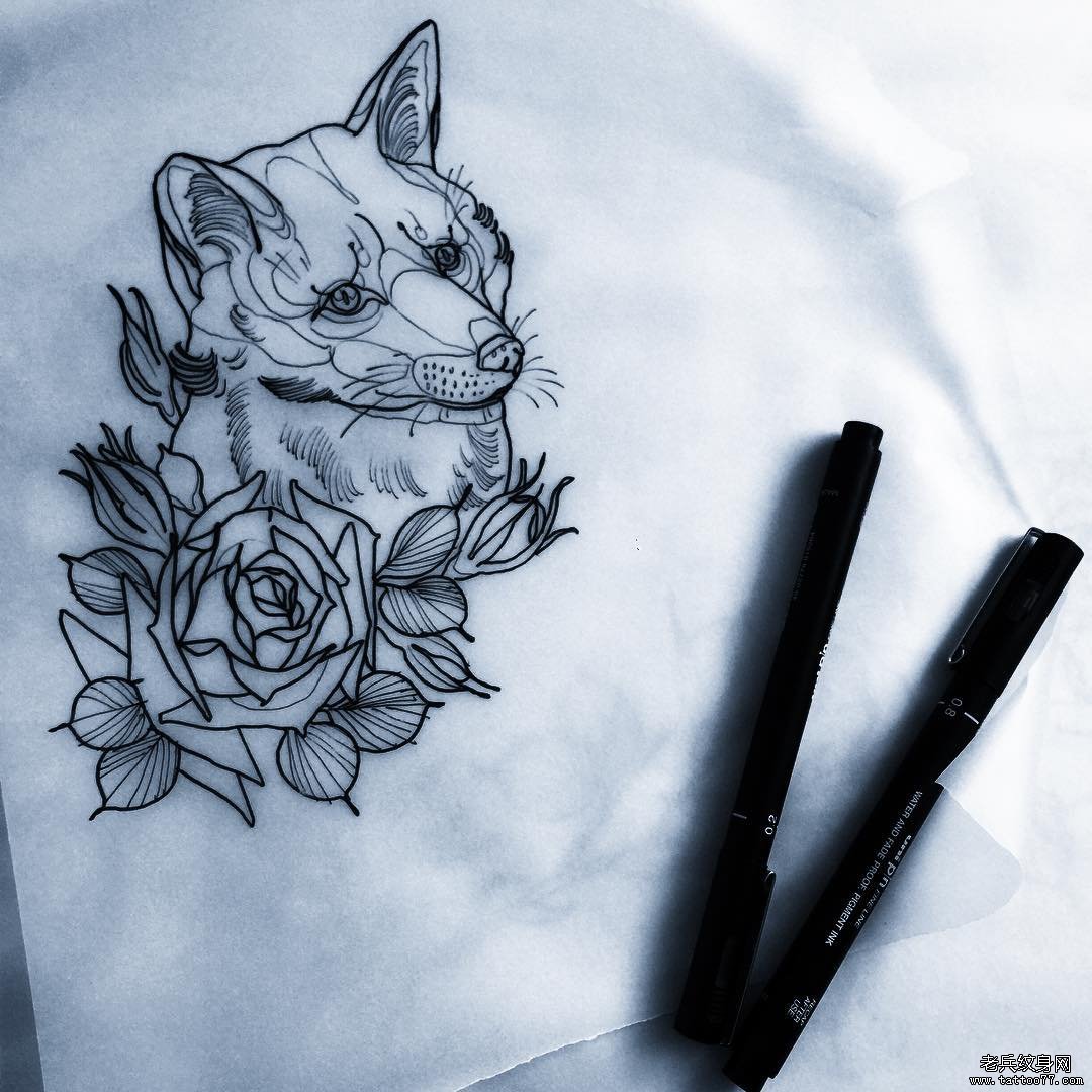 school狐狸玫瑰花纹身图案手稿