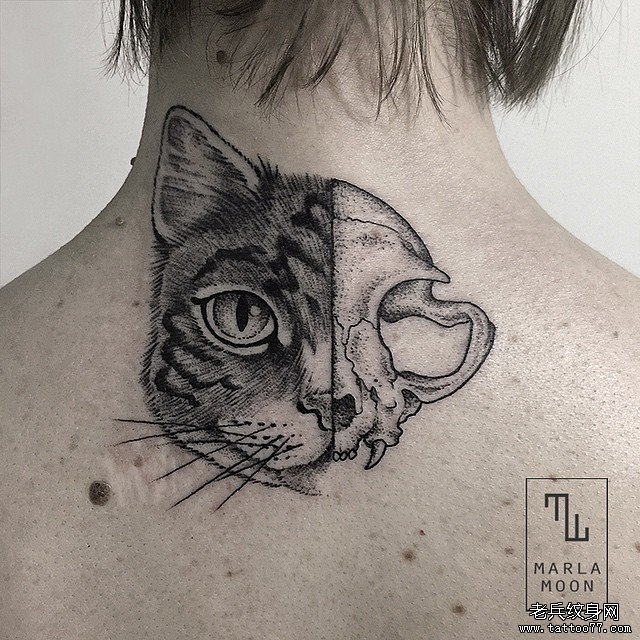 颈部猫骷髅点刺纹身图案