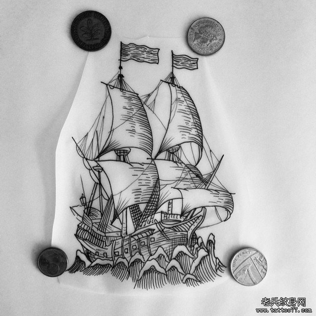 欧美school帆船纹身tattoo图案手稿