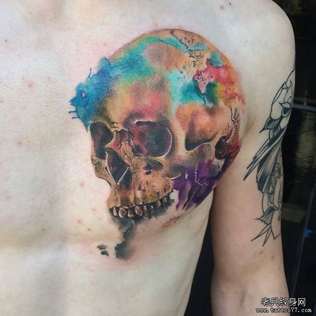 胸部骷髅泼墨彩绘tattoo纹身图案