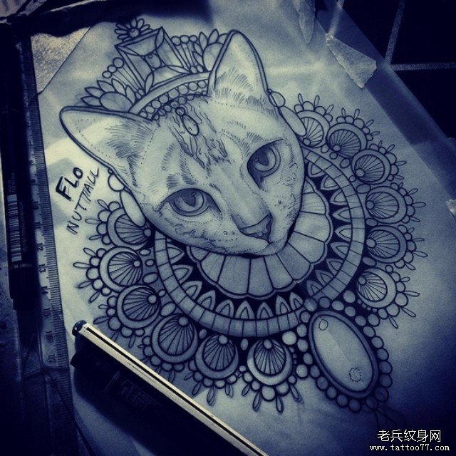 欧美school猫梵花纹身图案手稿