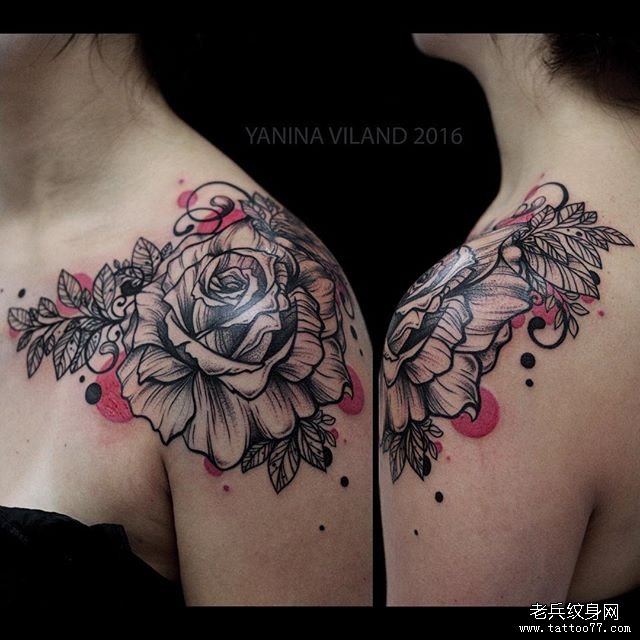 肩部欧美线条玫瑰泼墨纹身图案