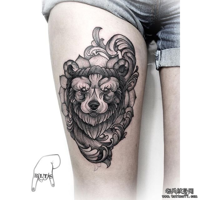 大腿欧美熊线条点刺黑灰纹身tattoo图案
