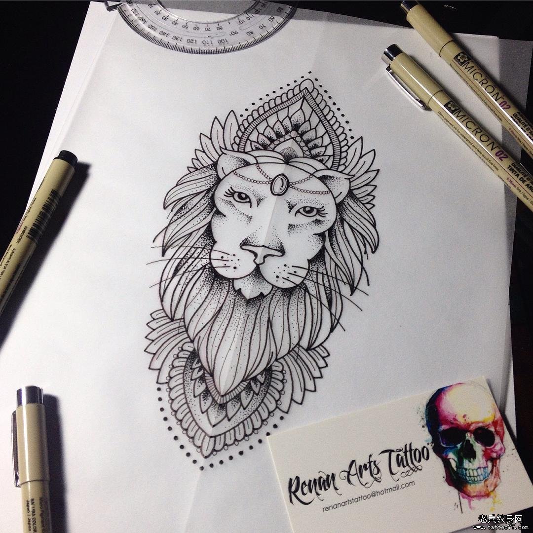 欧美school梵花狮子点刺纹身图案手稿