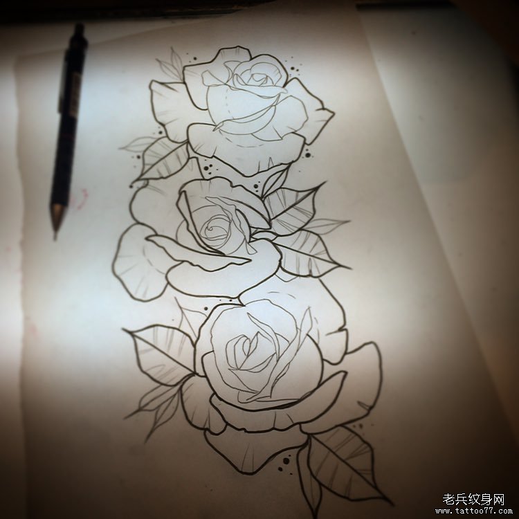 欧美school线条玫瑰花纹身图案手稿