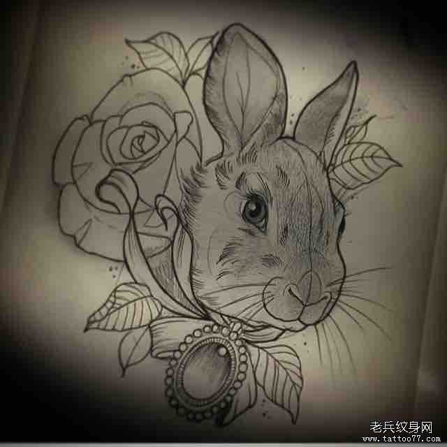 欧美兔子宝石玫瑰纹身图案school手稿