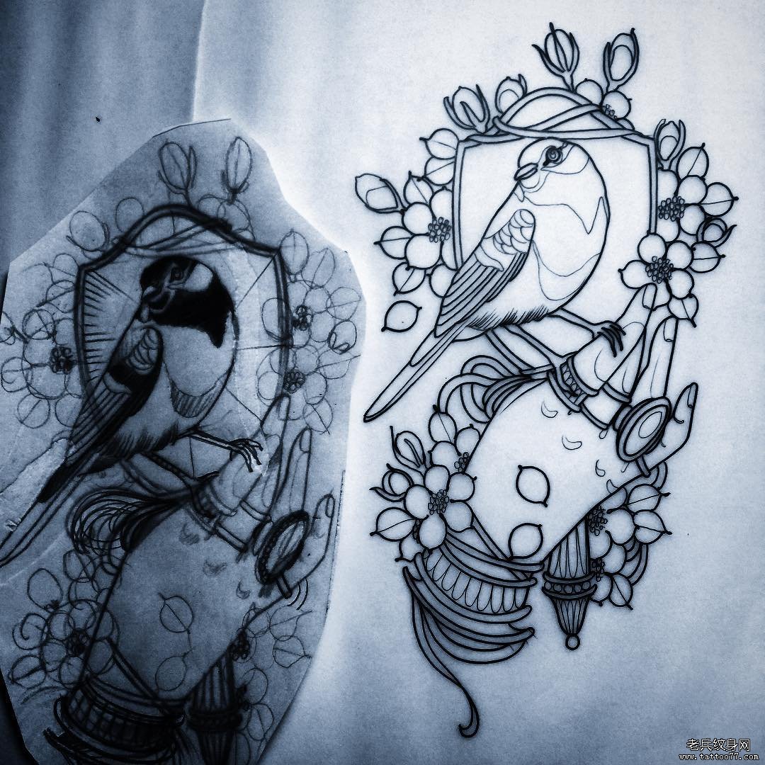 欧美school鸟手花卉纹身图案手稿
