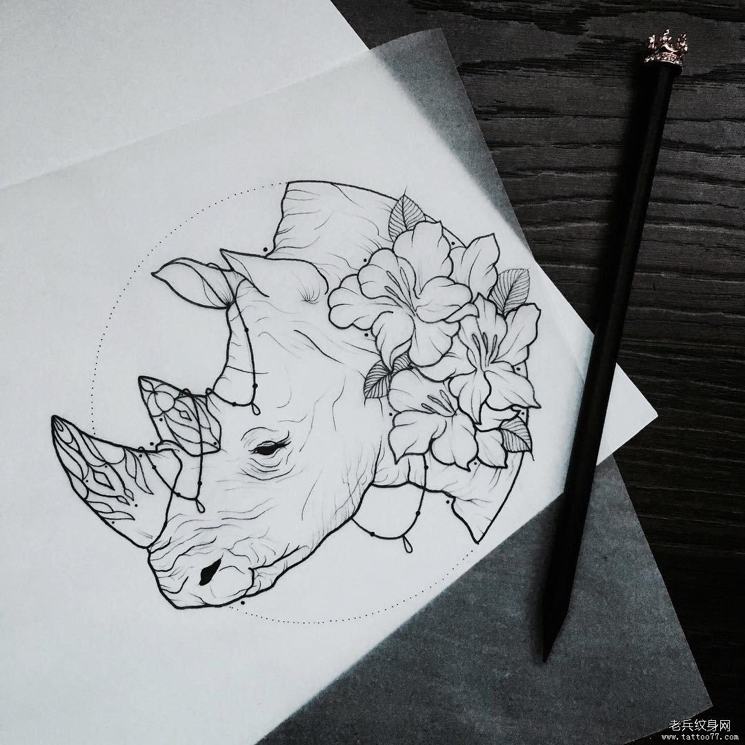 欧美school犀牛花蕊纹身图案手稿