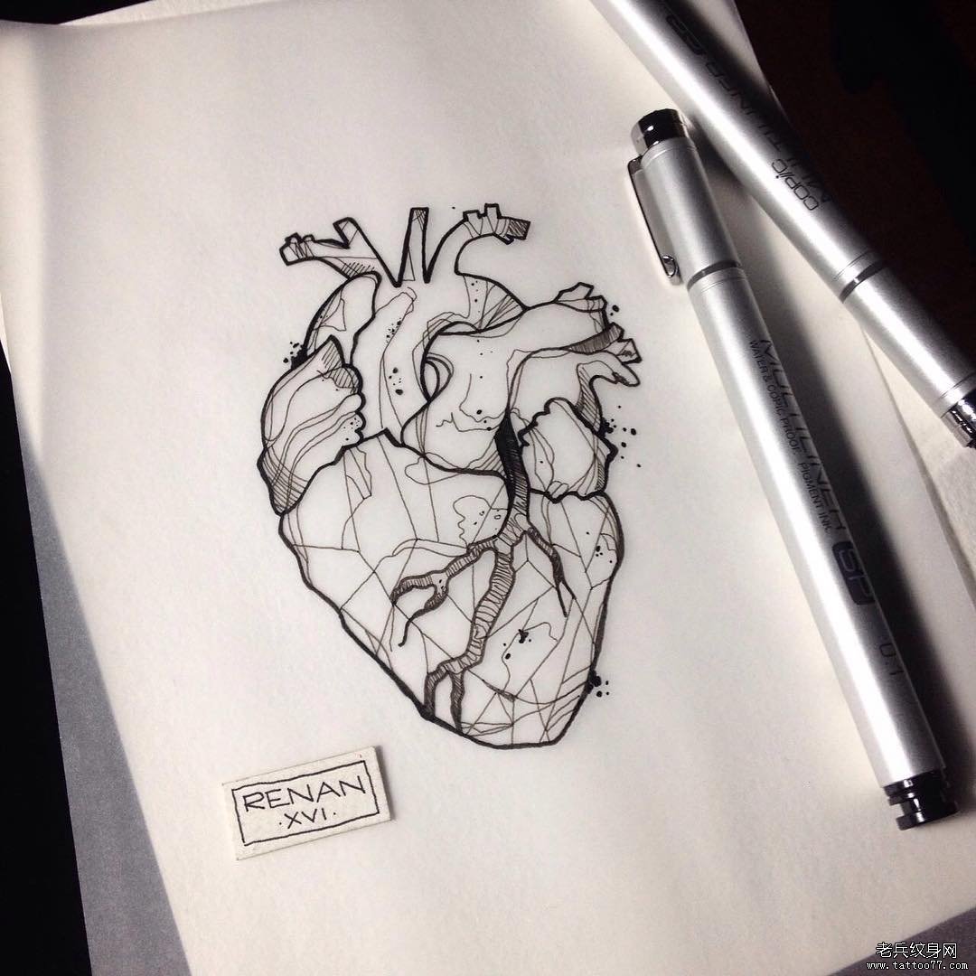 欧美school几何心脏纹身图案手稿