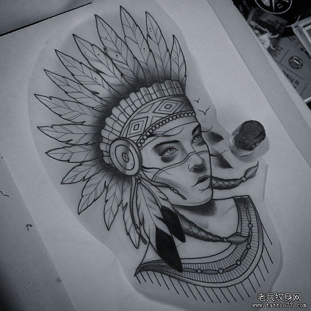 欧美印第安女郎纹身图案手稿