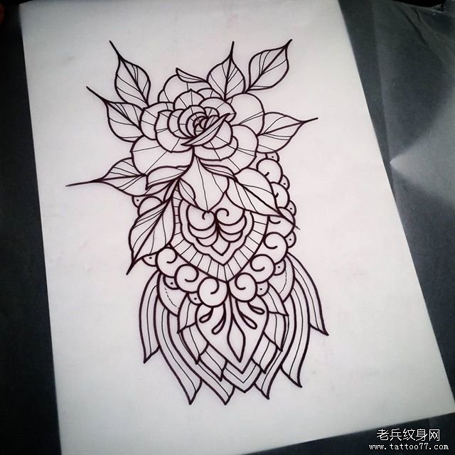 欧美玫瑰梵花线条纹身图案手稿