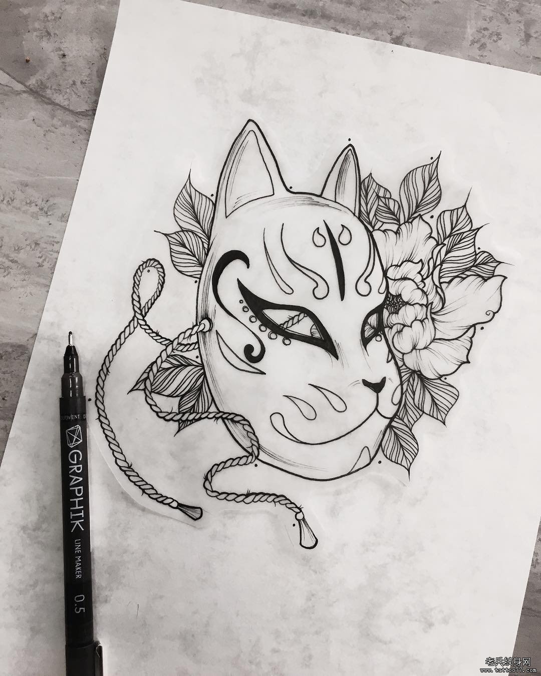 欧美猫面具花卉个性纹身图案手稿