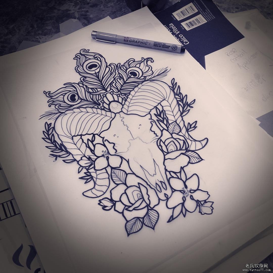 欧美羊角花卉羽毛纹身图案手稿