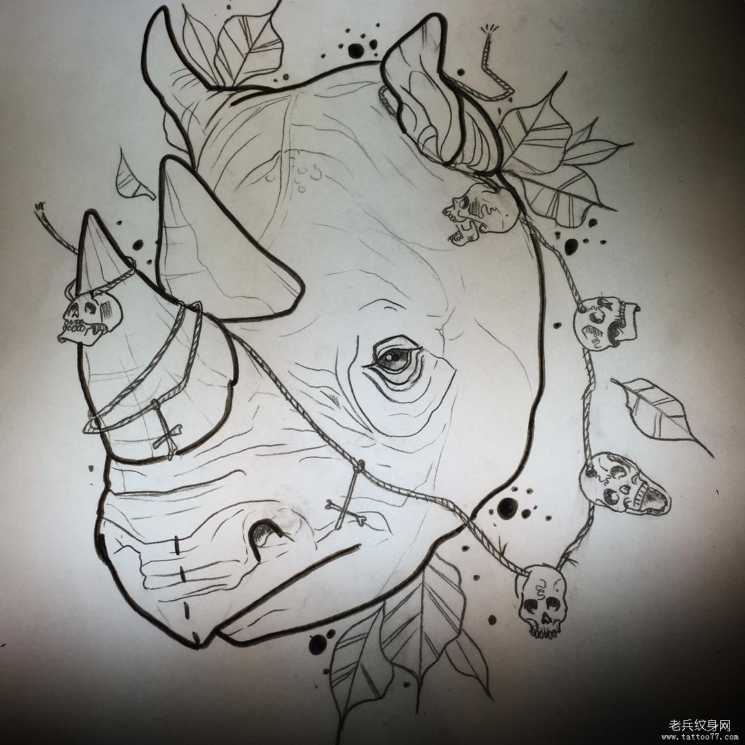 欧美犀牛骷髅school纹身图案手稿