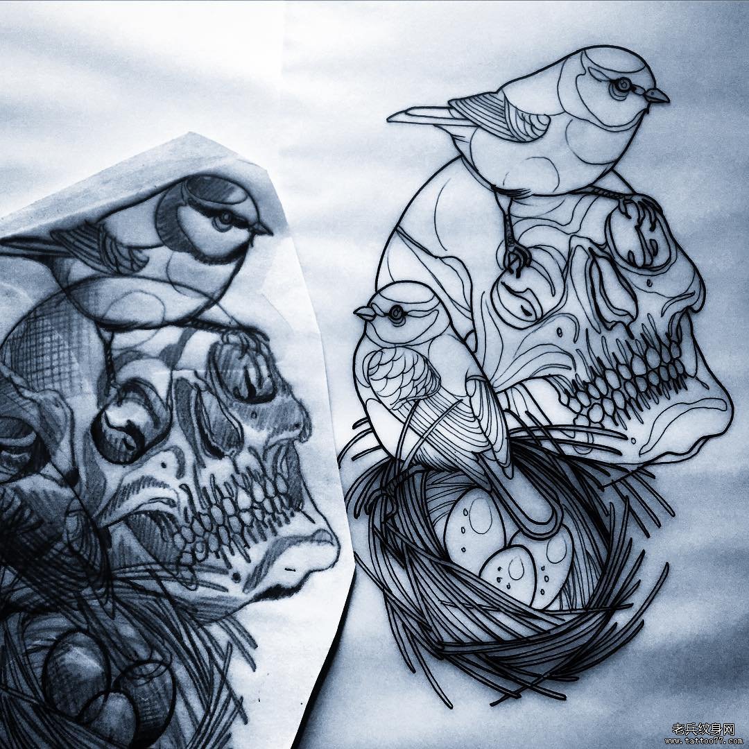 欧美school鸟骷髅鸟巢纹身图案手稿