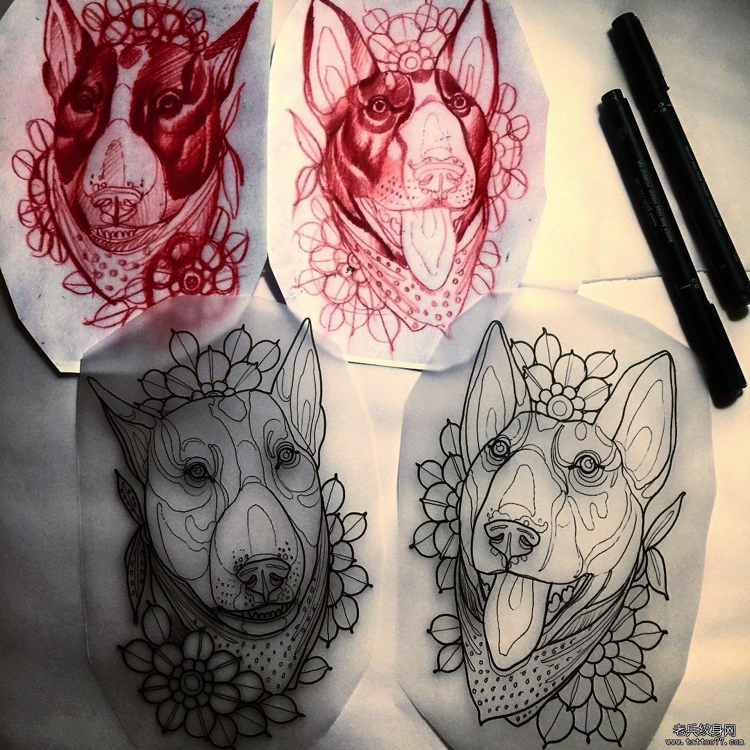 四款欧美school纹身狗花卉图案手稿