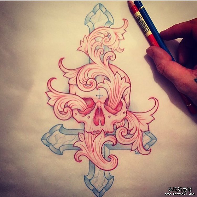欧美school骷髅十字架个性纹身图案手稿
