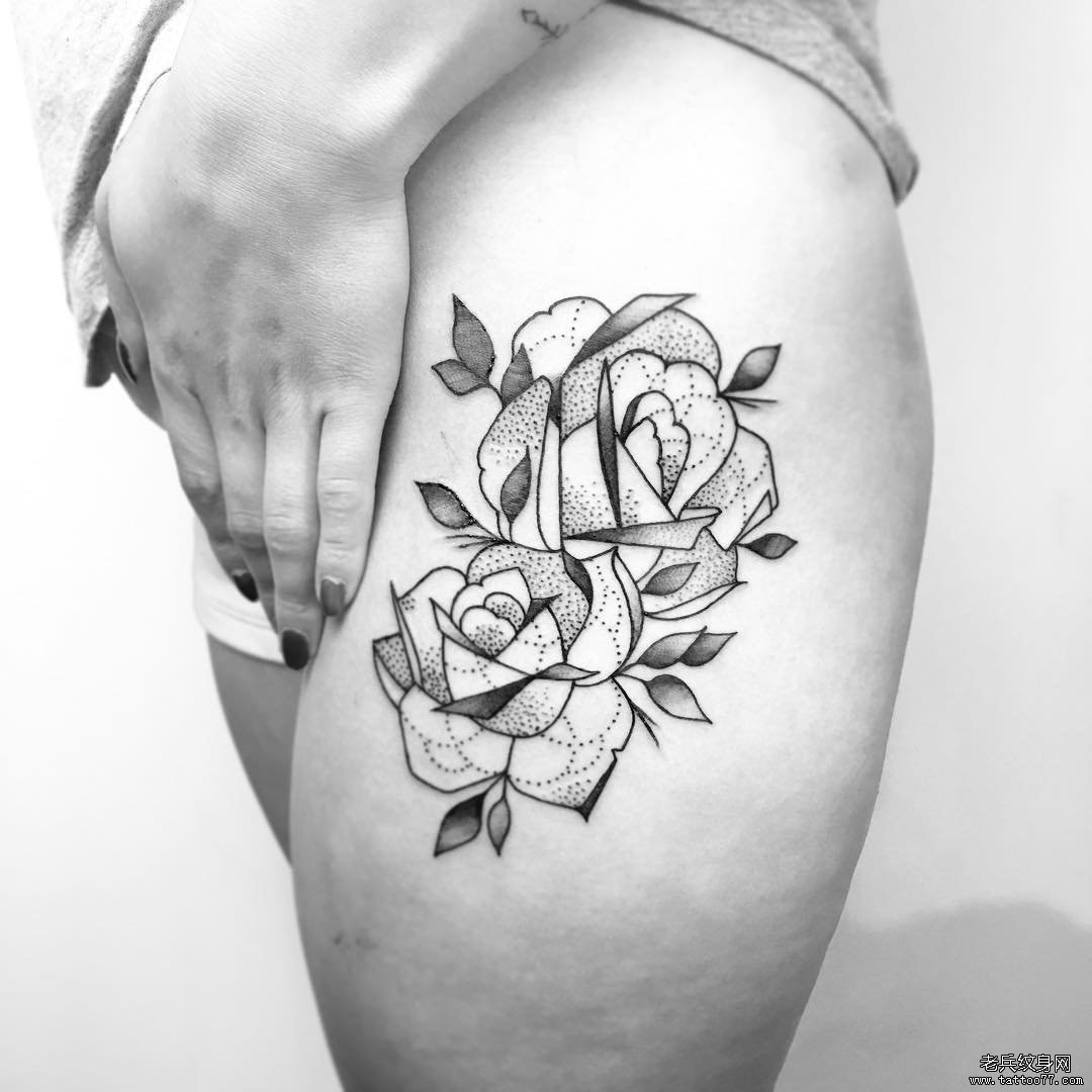 大腿小清新玫瑰性感点刺纹身图案