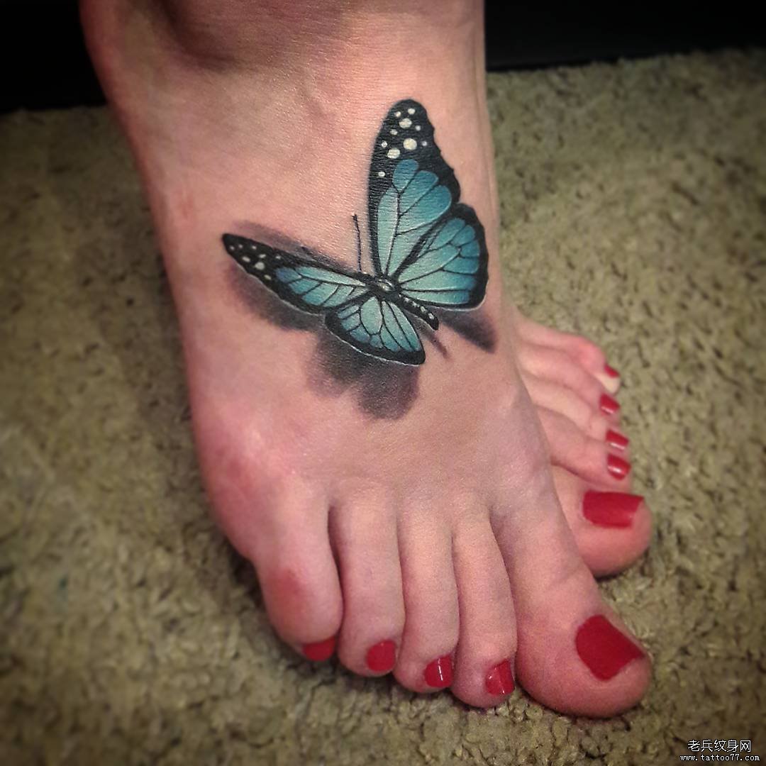脚背3D蝴蝶纹身图案