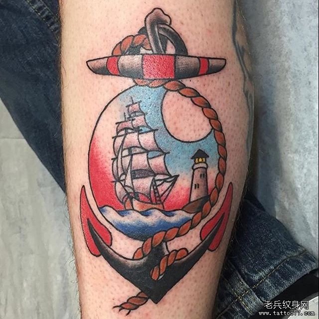 小腿彩绘船锚帆船欧美灯塔纹身图案