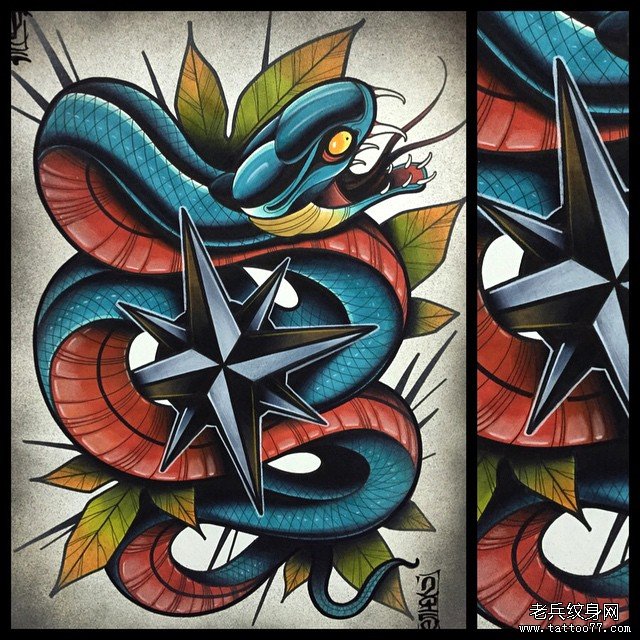 欧美new school蛇树叶纹身图案手稿