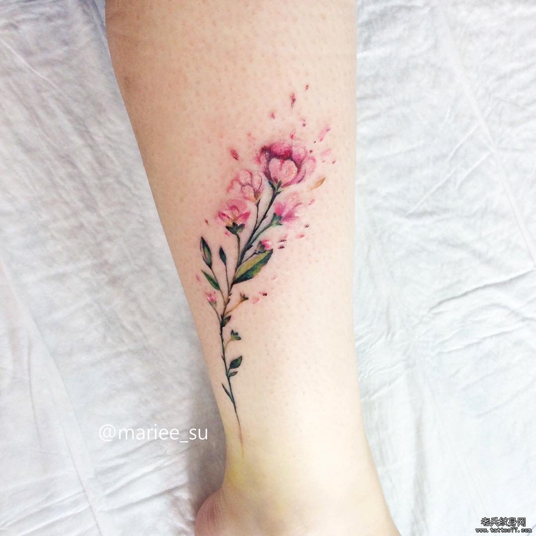 脚踝小清新彩色花卉纹身图案