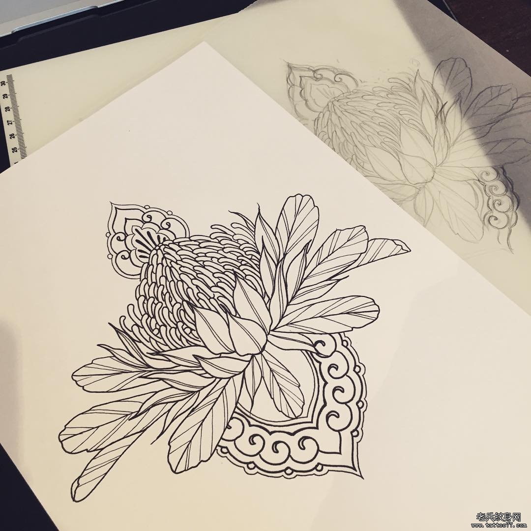欧美菊花梵花纹身图案手稿