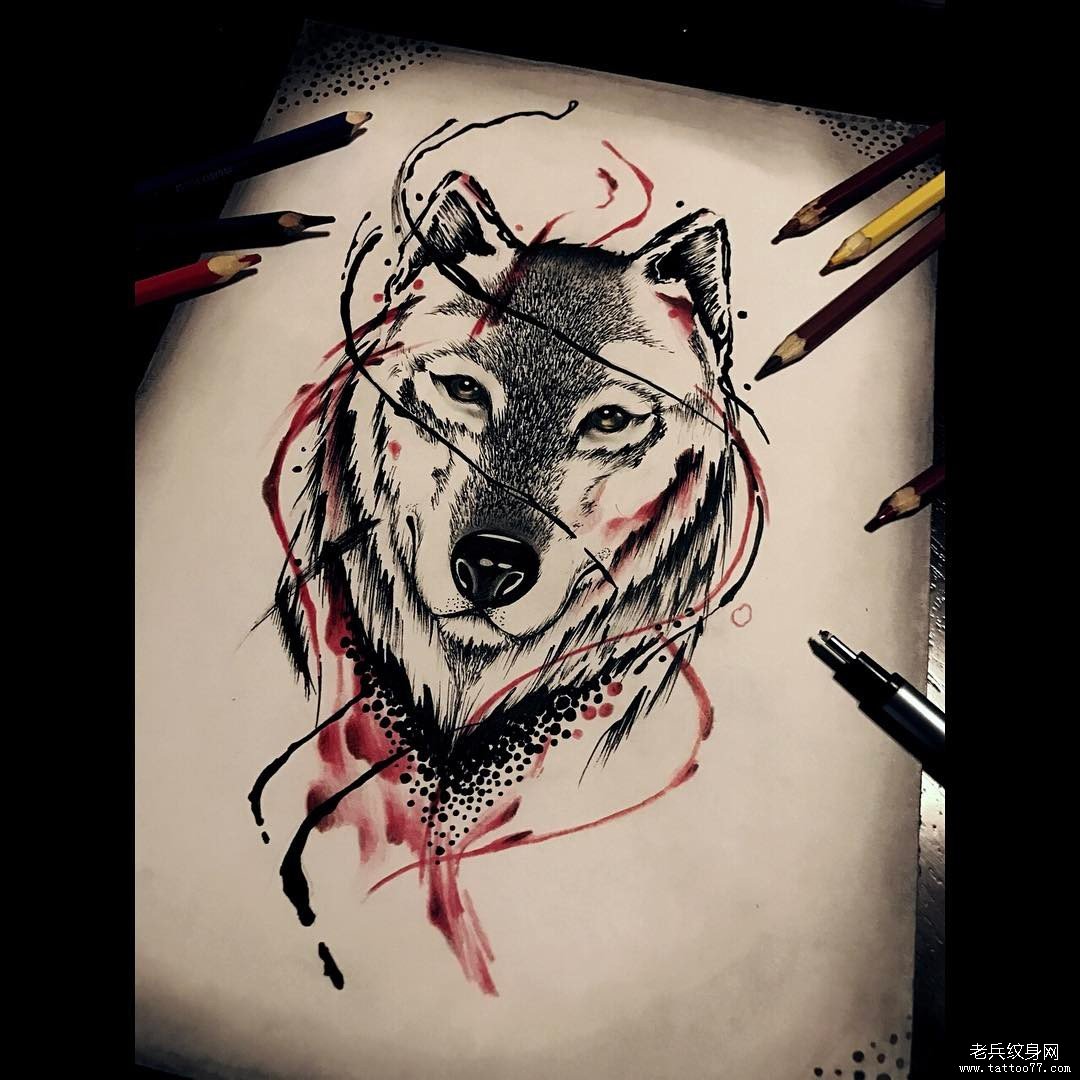 欧美狼头泼墨彩色纹身图案手稿
