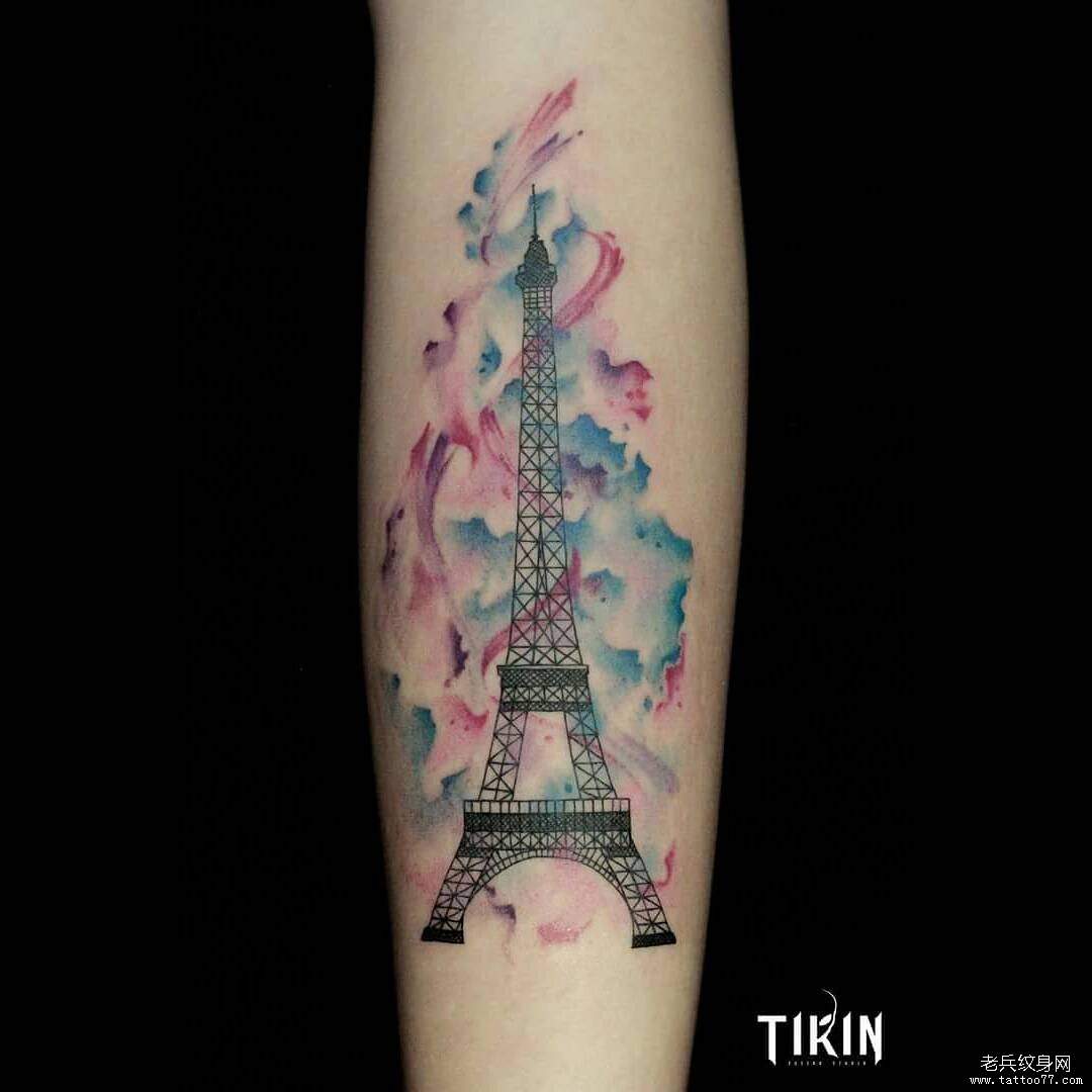 小腿埃菲尔铁塔泼墨水彩纹身图案