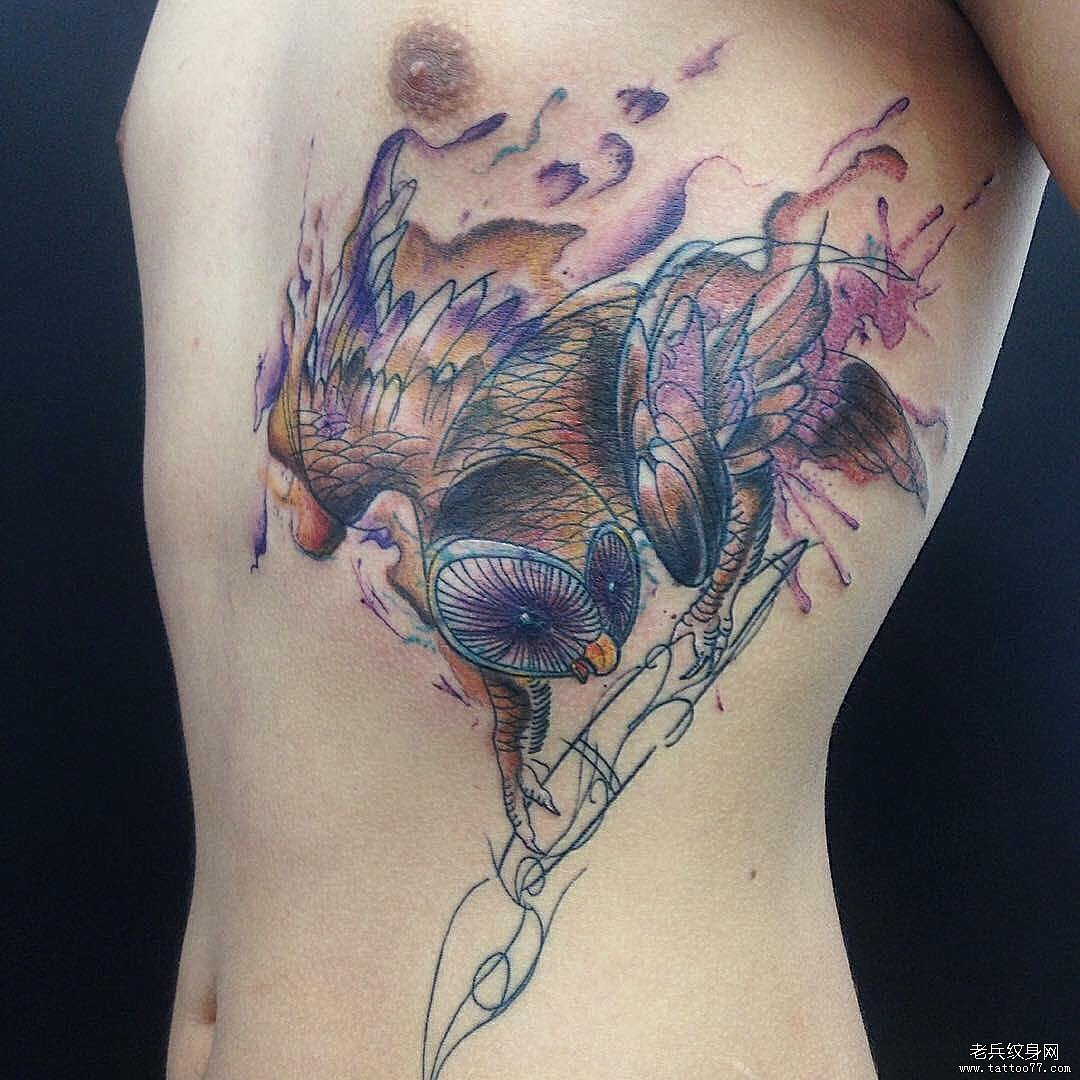 男士腹部猫头鹰水彩泼墨纹身图案
