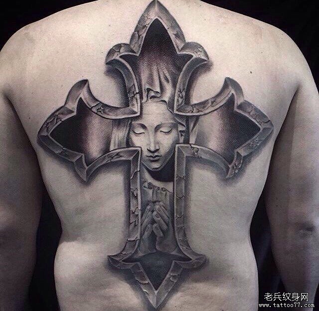背部欧美十字架圣母纹身图案