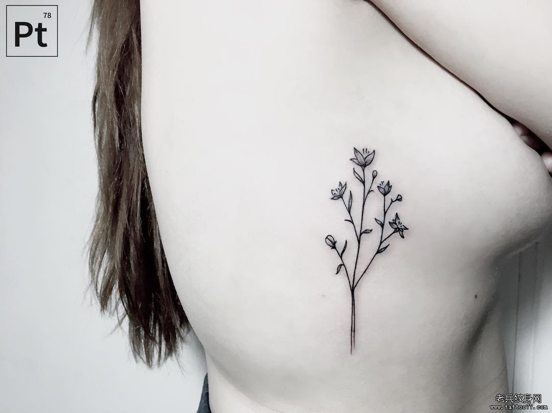 女生侧腰小清新花卉纹身图案