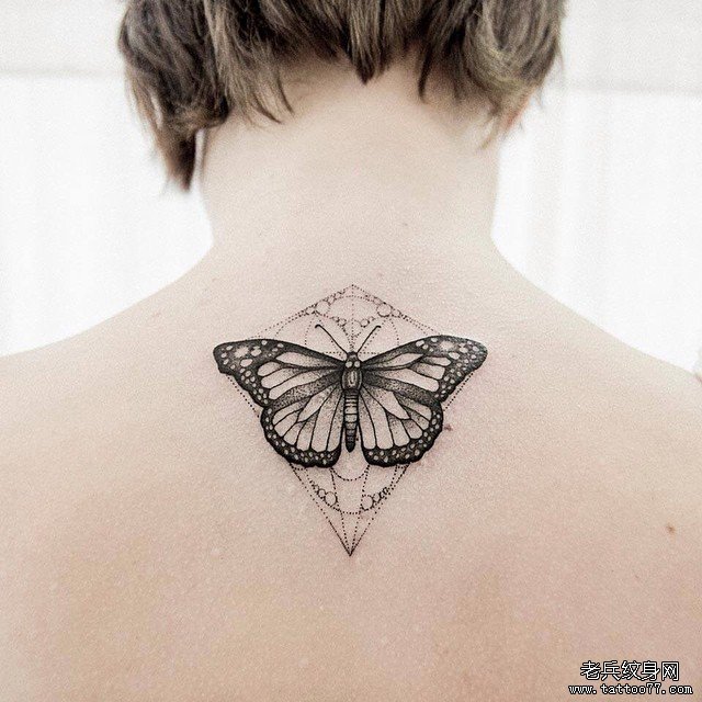 背部蝴蝶几何点刺纹身图案