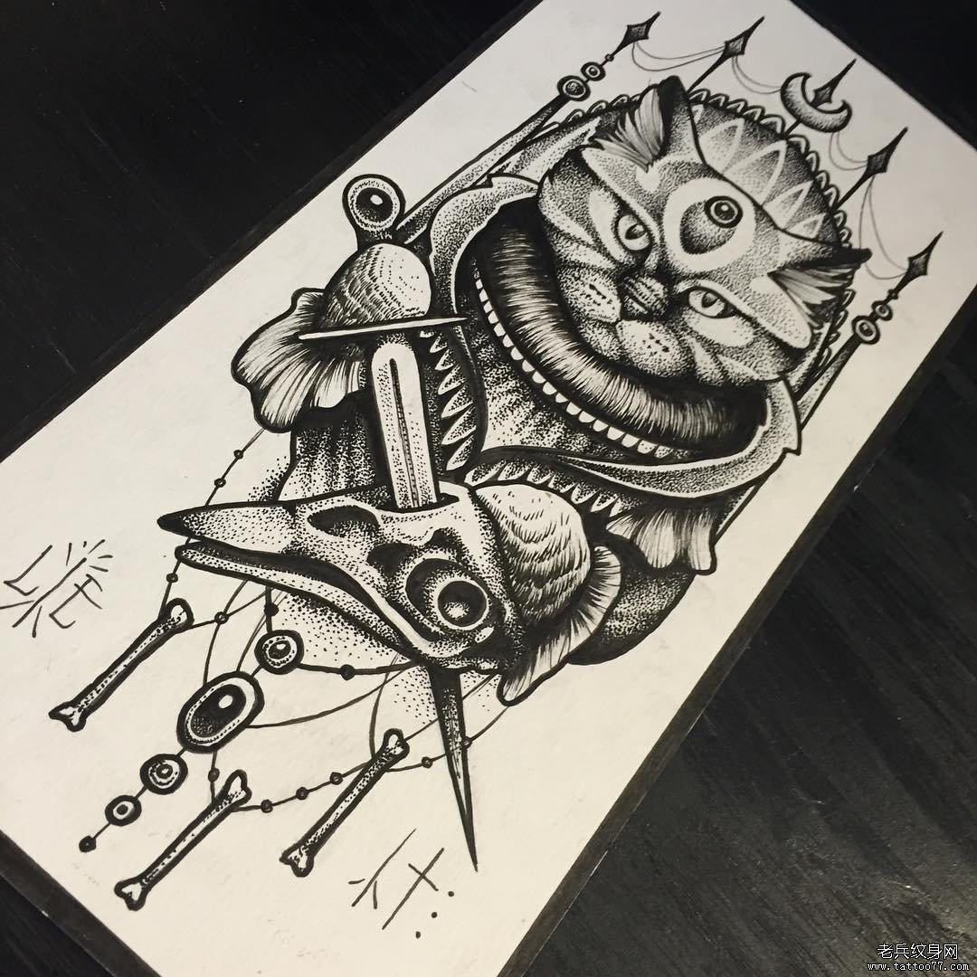 欧美猫鸟头骷髅点刺纹身图案手稿