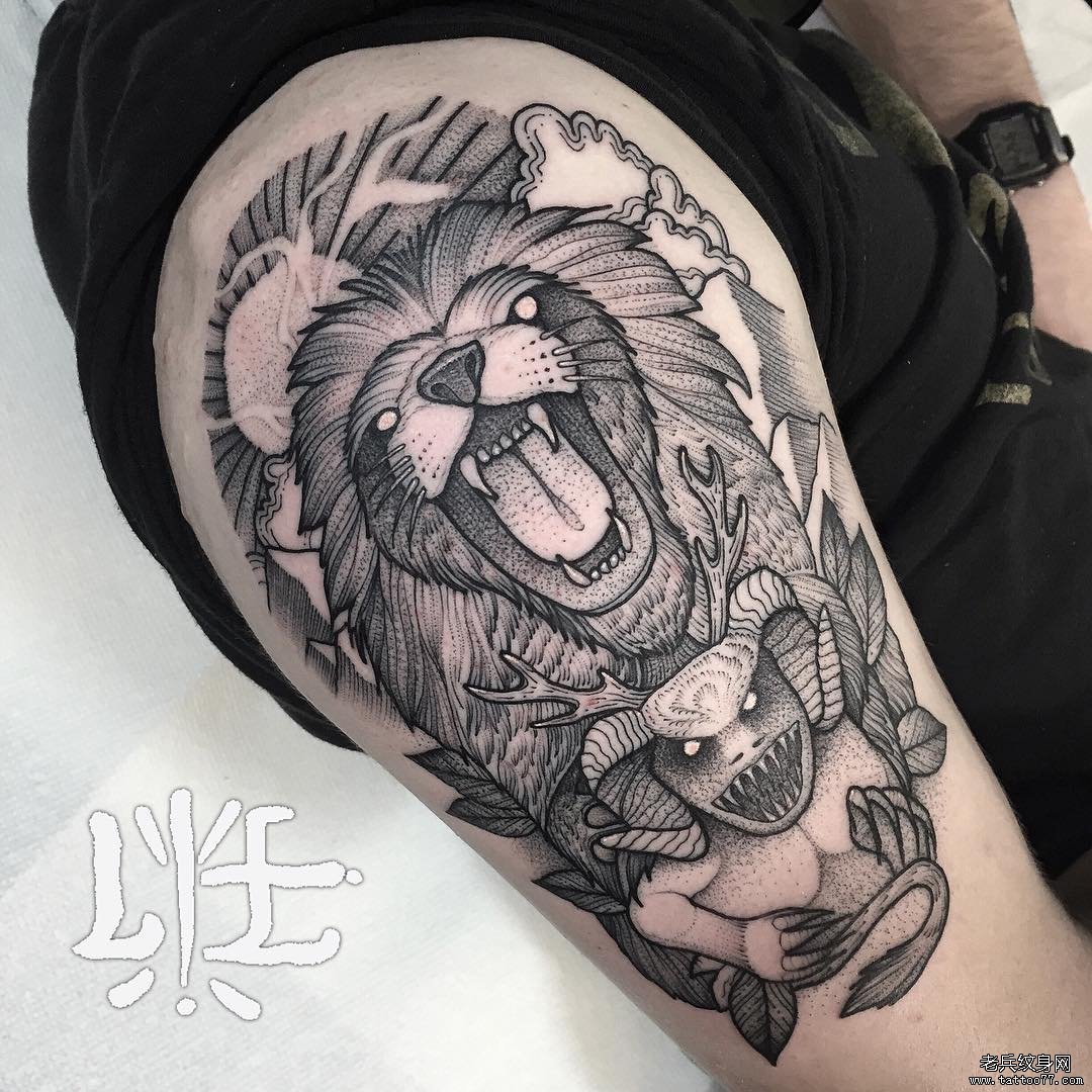 大臂狮子羊头点刺黑灰纹身图案