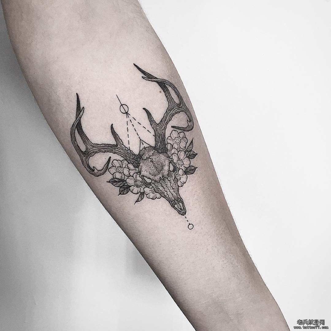 小臂羚羊骷髅与花朵点刺纹身图案