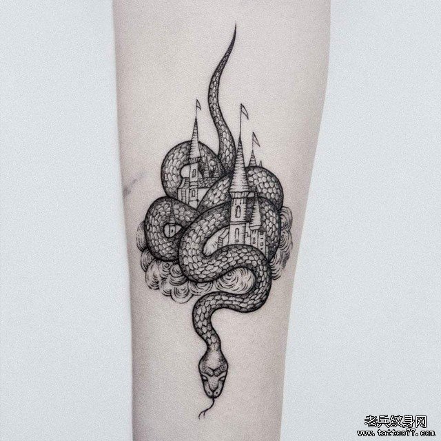 小臂欧美蛇城堡纹身图案