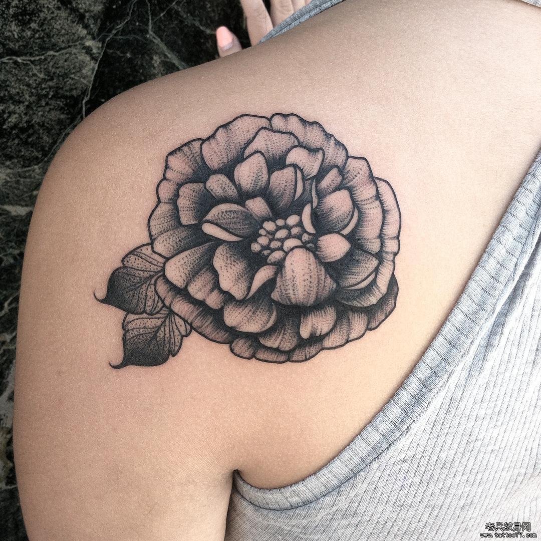 背部欧美花卉线条点刺纹身图案