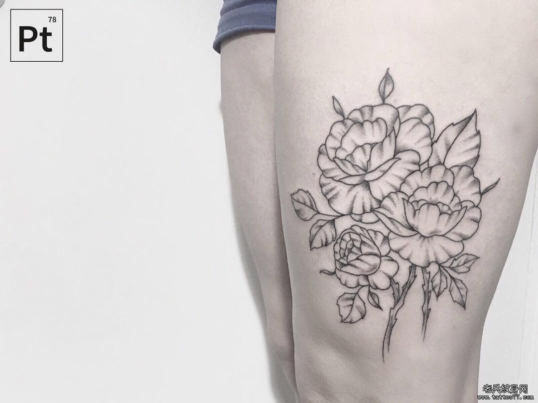 大腿性感欧美花卉纹身图案