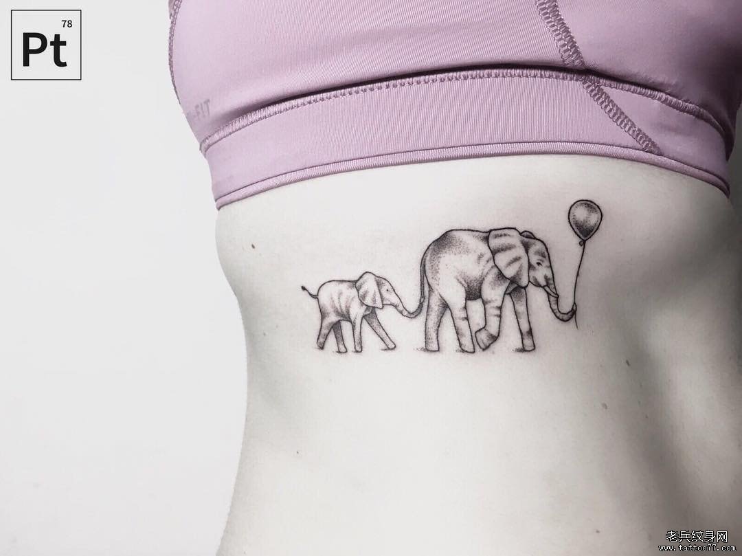 侧腰小清新点刺大象纹身图案