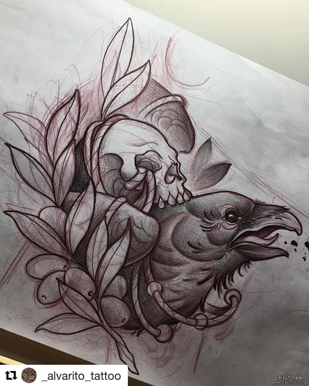 欧美school乌鸦骷髅纹身图案手稿